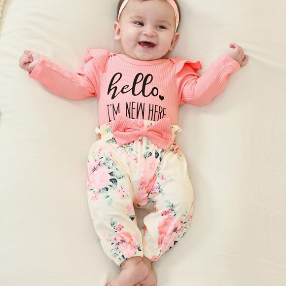 Charming 4-Piece Newborn Baby Girl Clothes Set: Romper, Floral Pants & Headband - Picture 2 of 7
